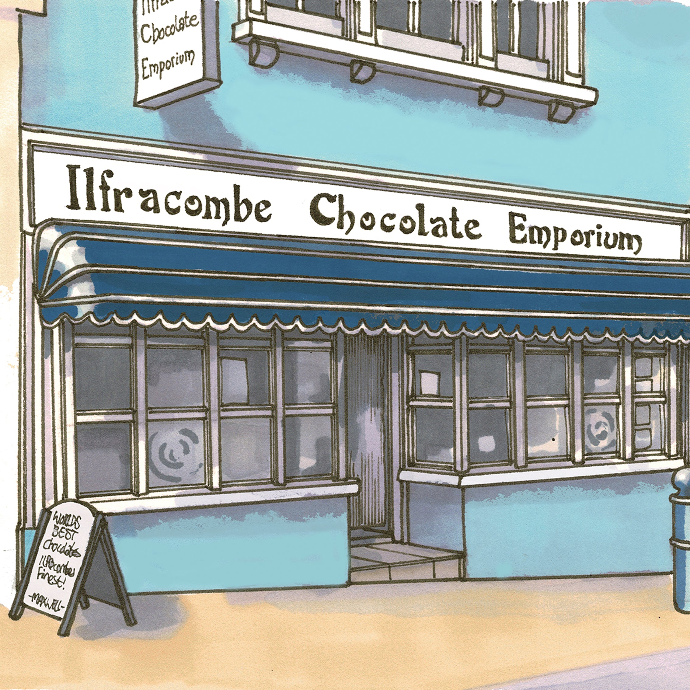The hand-painted shopfront of Ilfracombe Chocolate Emporium at 6 High Street